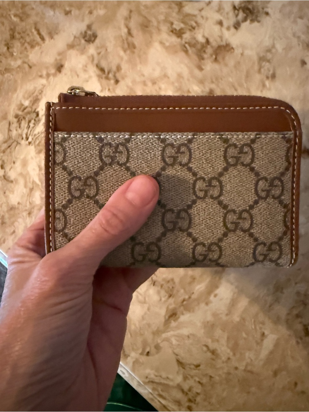 Gucci Brown and Beige GG Canvas Zip Card Wallet